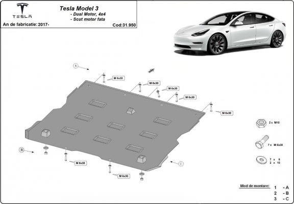 Cubre carter del motor delantero eléctrico Tesla Model 3 AWD